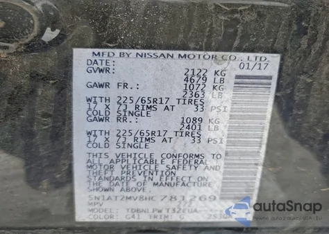 2017 Nissan Rogue Sv z USA, uszkodzony, nr VIN 5N1AT2MV8HC781269